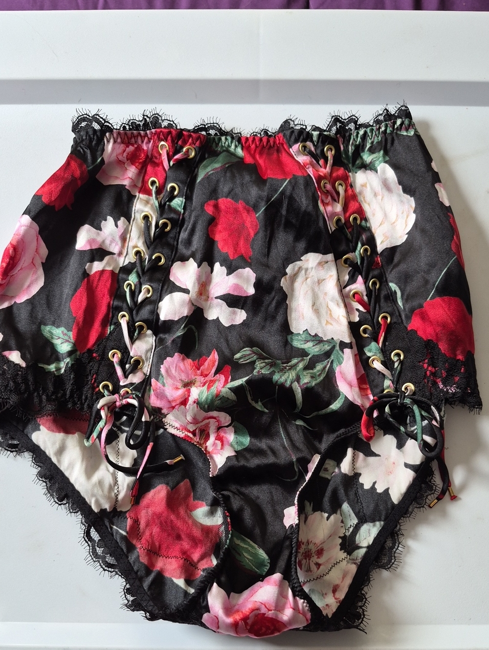 Victoria's Secret Black Floral Lace-Up High-Waist Briefs